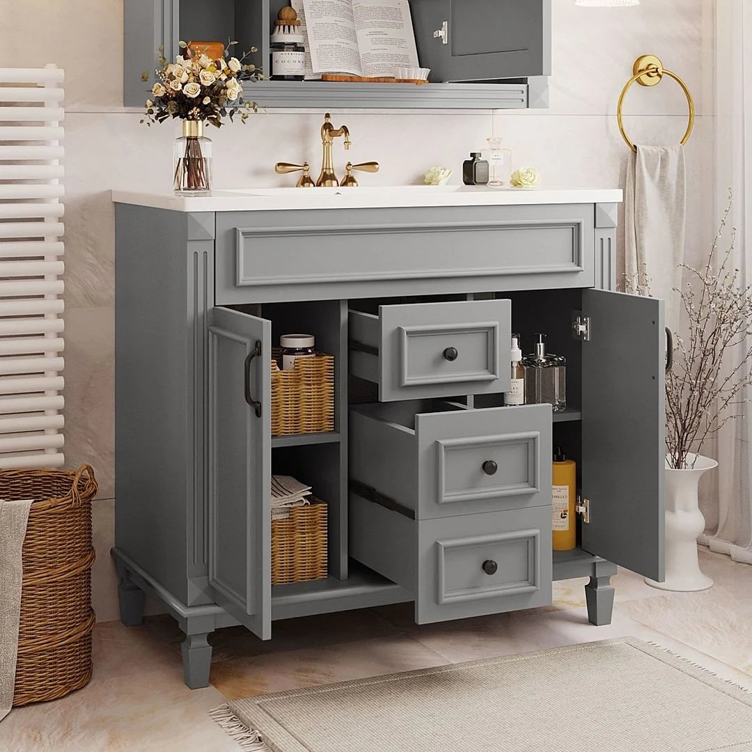 Mobile Bagno Moderno da 90cm con Lavabo Integrato e Specchiera, 2 Ante e 2 Cassetti