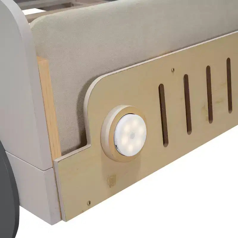 Letto a forma di Auto Whisen in Legno con Cuscino, Baldacchino in Tessuto e LED - Naturale