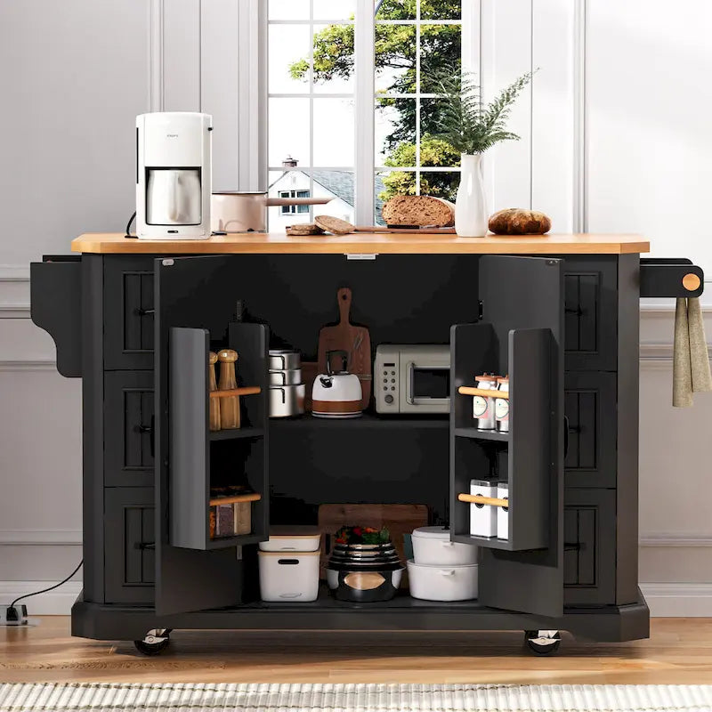 Isola Cucina Espandibile con Ante a Scomparsa, Carrello Cucina su 4 Ruote con Presa Elettrica, Tavolo Isola Mobile con 2 Ante e 6 Cassetti