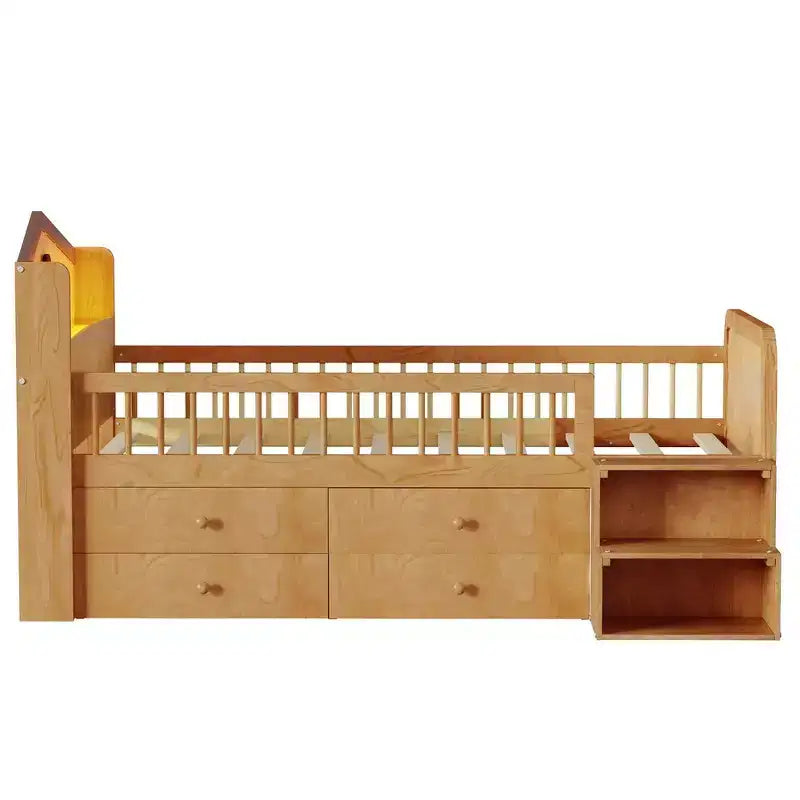 Letto a soppalco basso Whisen con luci a LED, testiera a forma di casetta e cassetti portaoggetti, struttura solida