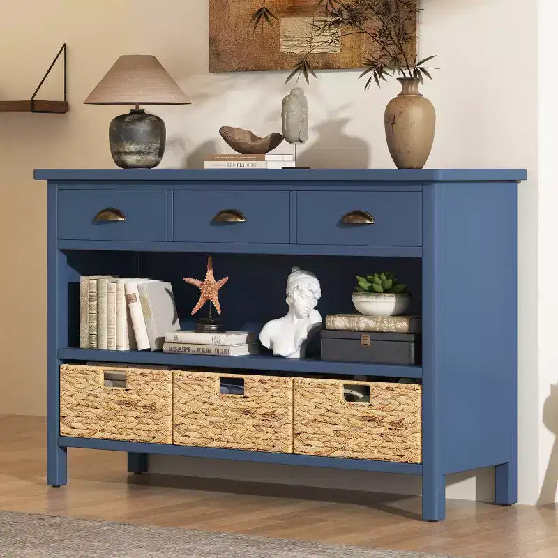 Consolle da Ingresso con Contenitore, Tavolo da Ingresso Stile Rustico con 3 Cassetti e 3 Cesti in Giacinto d'Acqua per Soggiorno o Ingresso - Panipeachy