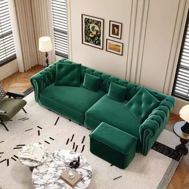 Divano Letto Estraibile 3-in-1 King Size in Velluto Whisen e Divano Letto Convertibile con Ottomana Mobile, Design Trapuntato