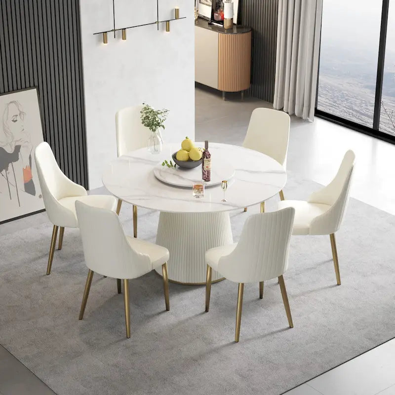 Tavolo da pranzo rotondo da 53" per 6 persone con piano in pietra sinterizzata e Lazy Susan