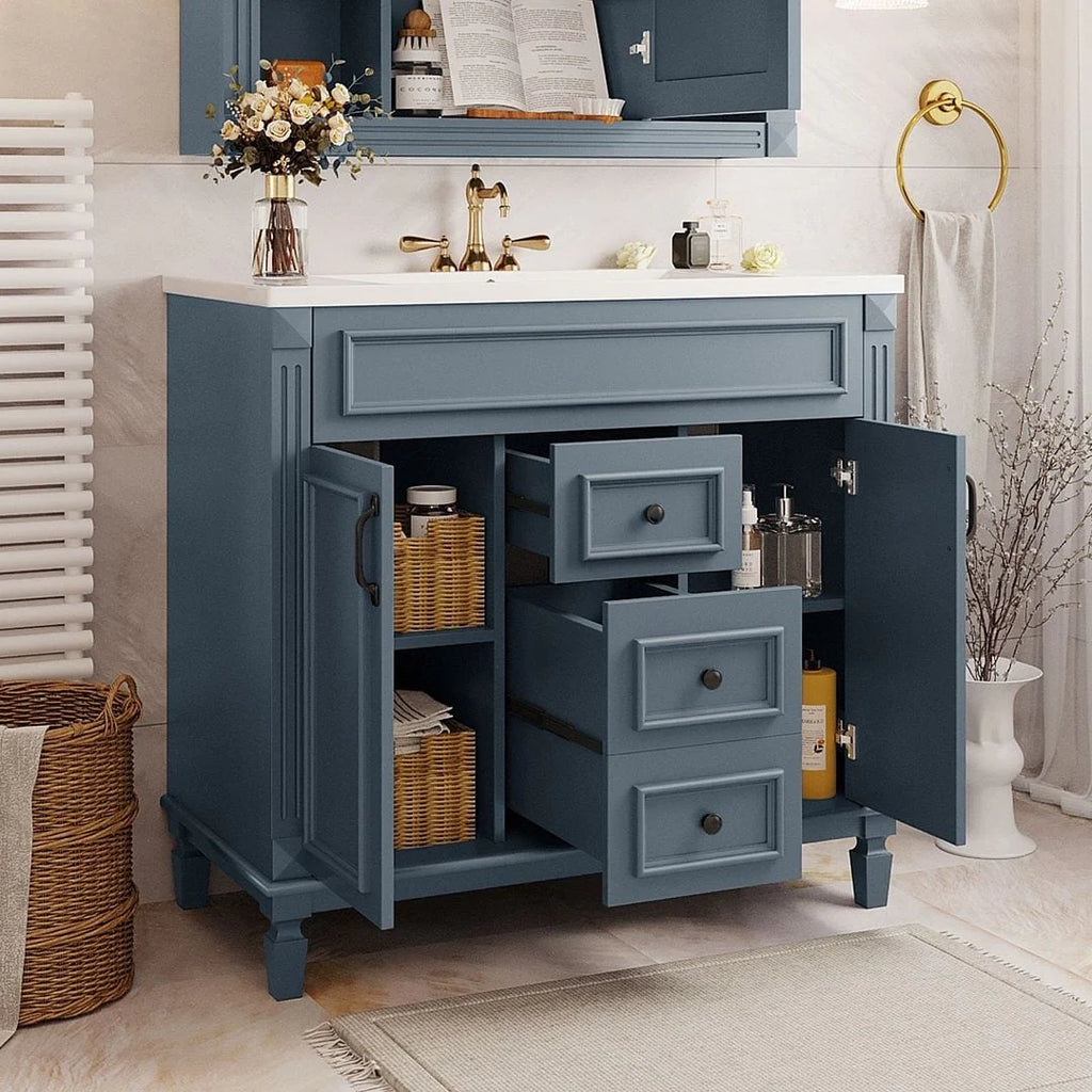 Mobile Bagno Moderno da 90cm con Lavabo Integrato e Specchiera, 2 Ante e 2 Cassetti