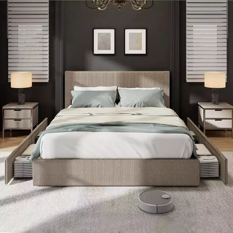 CuisinSmart - Struttura letto in velluto a coste con testiera, struttura letto imbottita con piattaforma con 4 cassetti portaoggetti e supporto a doghe in legno