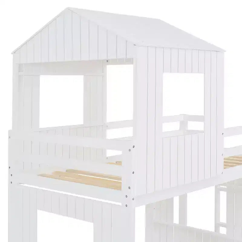 Letto a castello in legno Luxystar Twin Over Full con casetta da gioco, scivolo e sponde di protezione