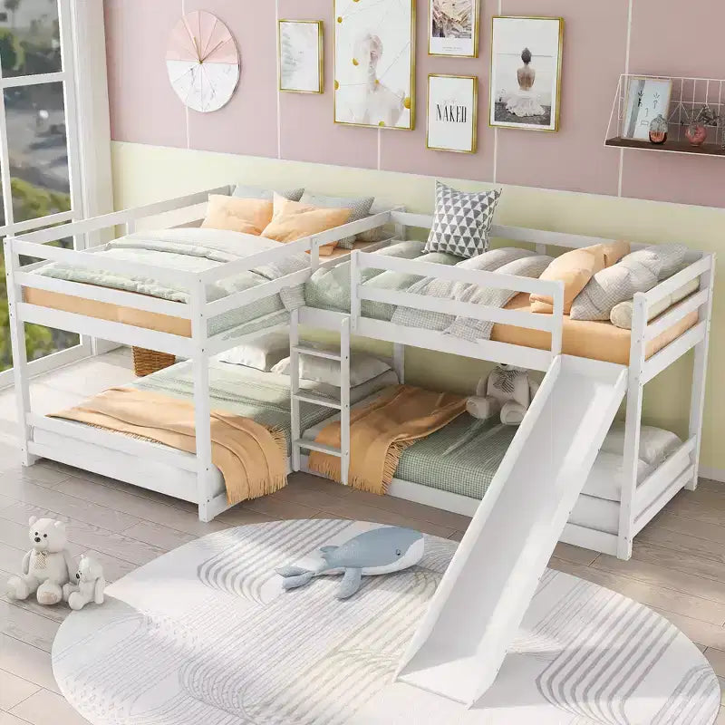 Letto a castello a L per 4 bambini, letto a castello quadruplo con scivolo, struttura in legno full e twin per cameretta dormitorio