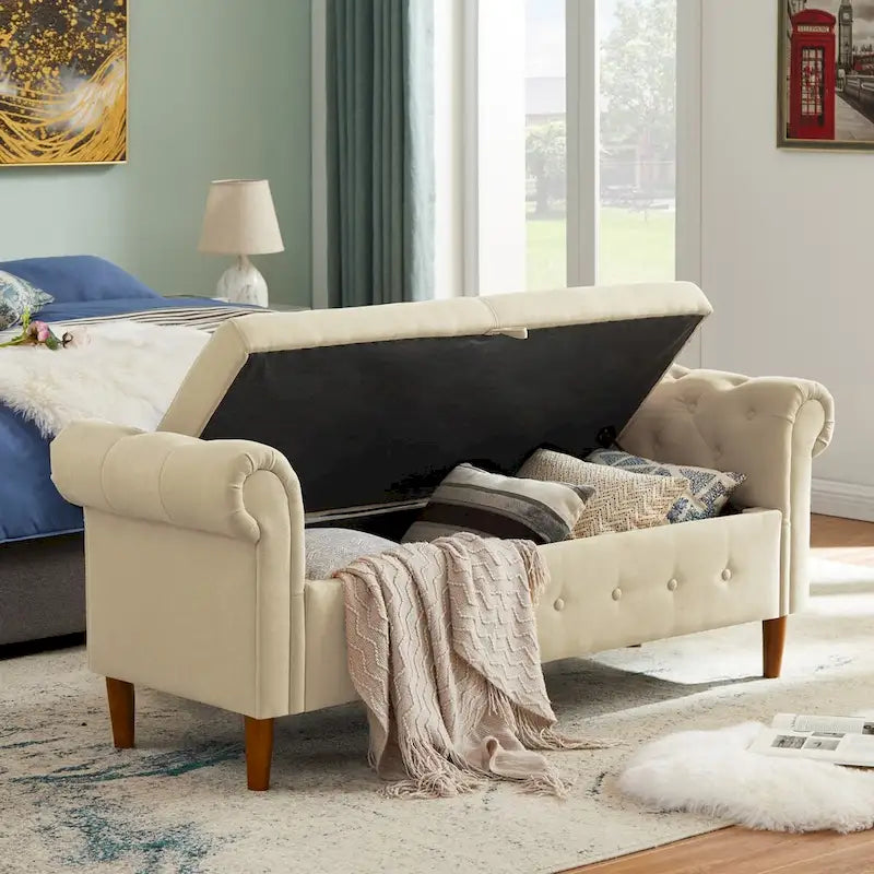 Panca contenitore per camera da letto, fondo letto, con braccioli arrotolati, in velluto, divano ottomana, panca lunga