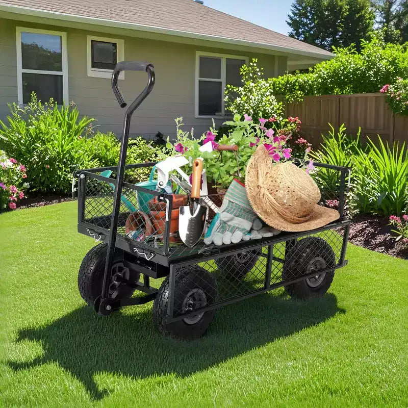 Carrello da Giardino in Acciaio Pesante, 227 kg, Carrello Pieghevole con Sponde in Rete Rimovibili e Rivestimento, Pneumatici da 10 Pollici, Maniglia di Trazione
