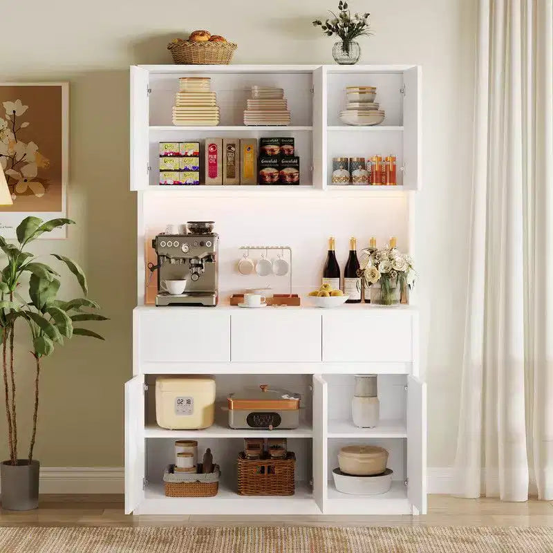 Mobile dispensa da cucina da 71 pollici, mobile dispensa con luci a LED e prese di corrente, mobile buffet con supporto per microonde, ripiani regolabili