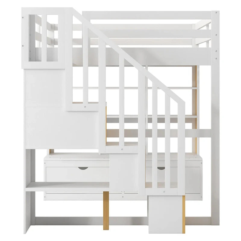 Letto a soppalco in legno massello naturale + bianco con scrivania e cassetti
