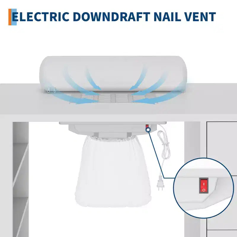 Tavolo manicure da 42'' per onicotecnica con raccoglitore di polvere e poggia polso, scrivania per unghie con armadietto verticale estraibile, 1 mobiletto portaoggetti, 2 cassetti