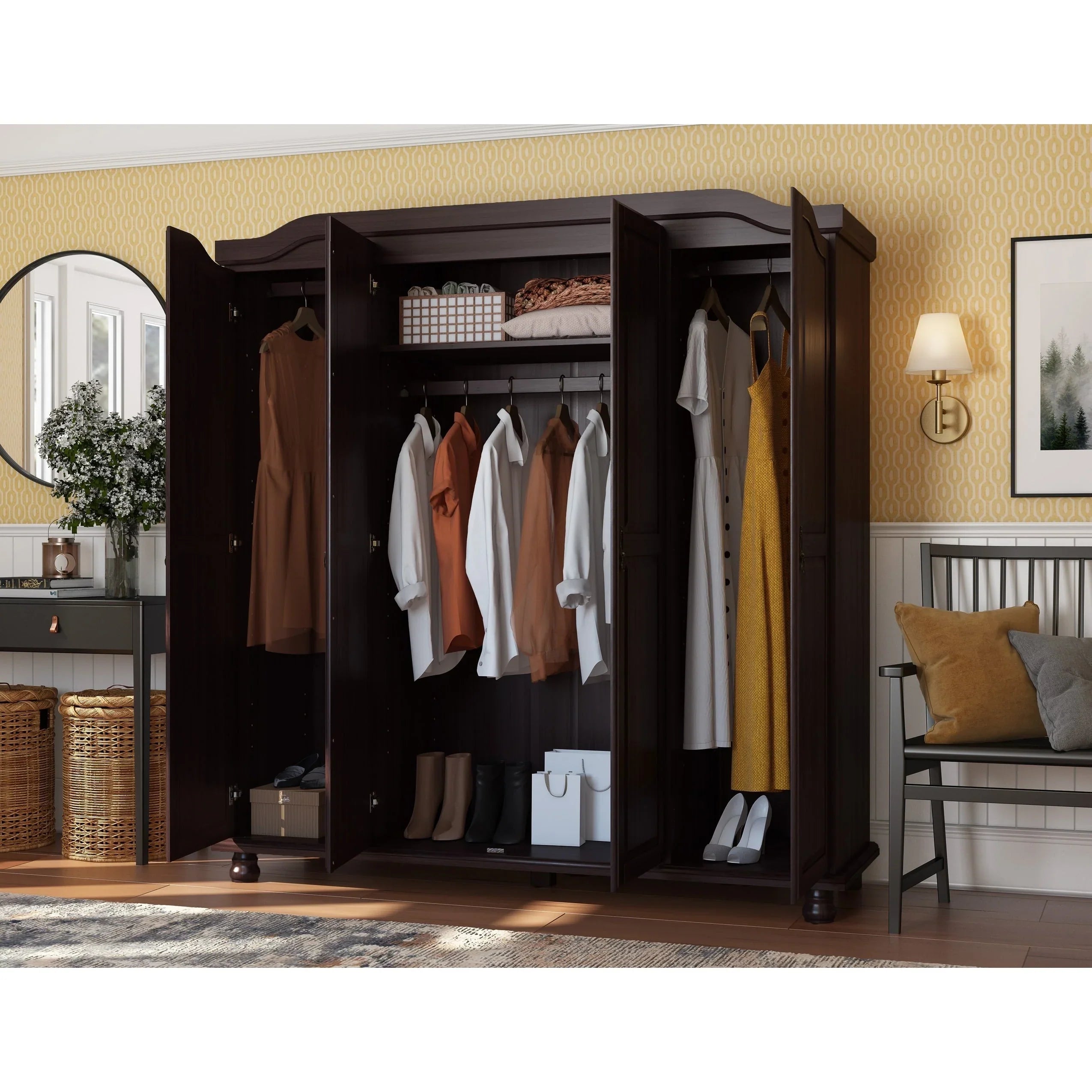 Palace Imports Armadio Kyle a 4 Ante in 100% Legno Massello con Ante in Legno Massello o a Specchio