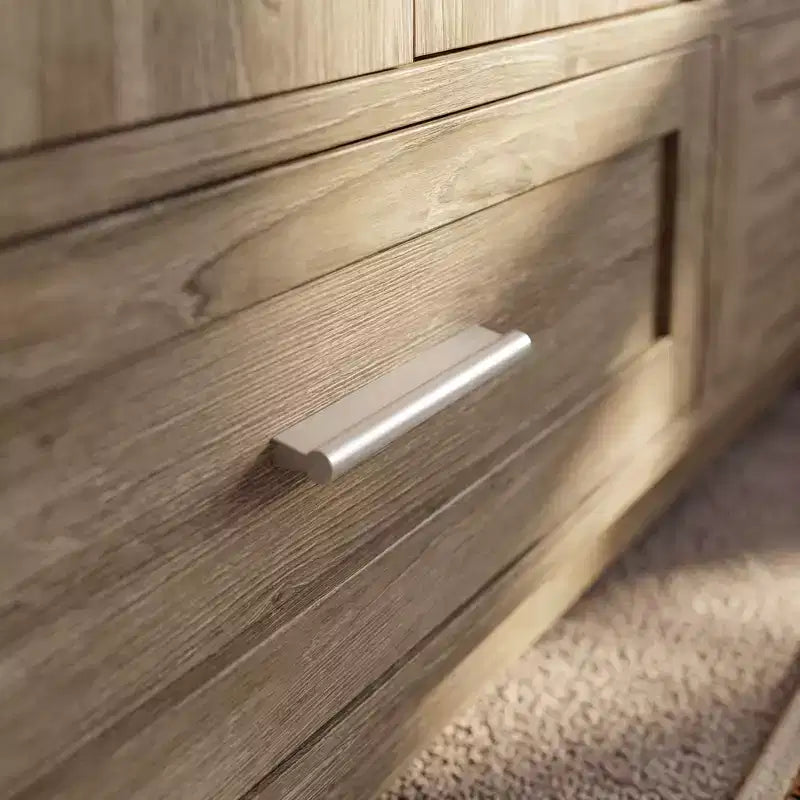 Libreria espositiva Famapy in rovere chiaro: 63W, ante scorrevoli in vetro + cassetto. Ampio organizer per biblioteche domestiche e soggiorni
