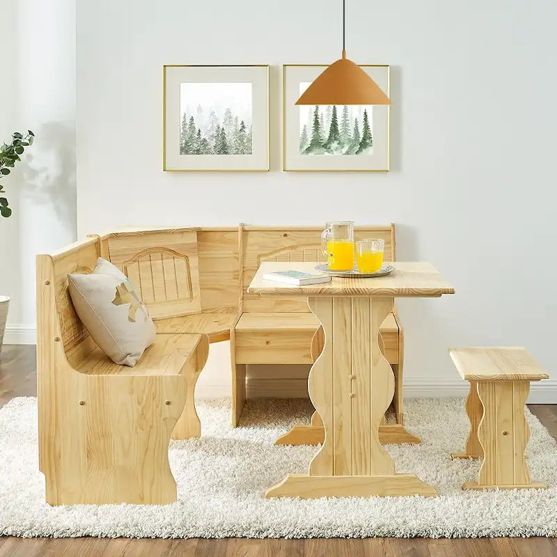 MUSEHOMEINC Set da Pranzo ad Angolo Nook in Stile Tradizionale a 3 Pezzi in Legno Massello con Panca Laterale, Set Tavolo Angolare con Contenitore Nascosto