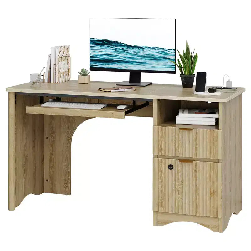 Scrivania Smart Bestier 55 per computer, scrivania da scrittura in rovere con cassetti portadocumenti e presa di corrente, scrivania direzionale con vani a giorno e vassoio per tastiera