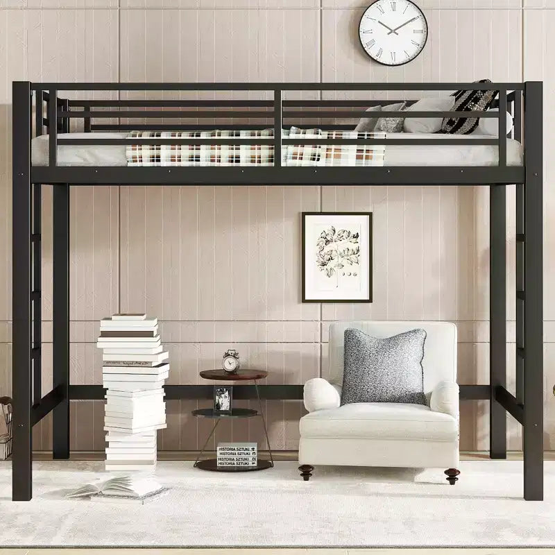 Letto a soppalco in metallo salvaspazio con doppia scaletta e ringhiere, nero - ModernLuxe