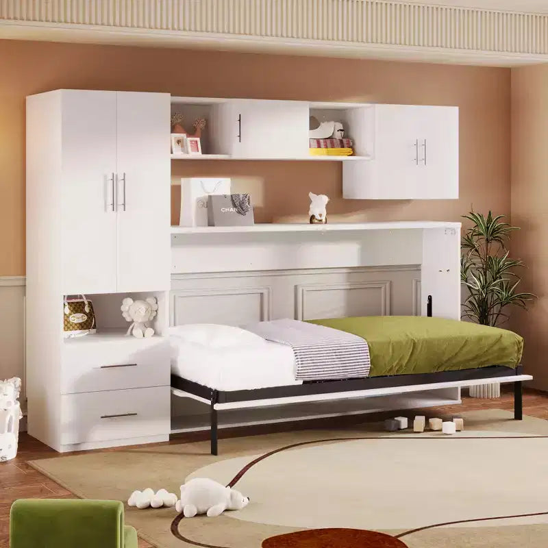 Letto a scomparsa matrimoniale, Struttura letto a parete in legno con armadio integrato, cassetti e ripiani aperti, bianco - ModernLuxe