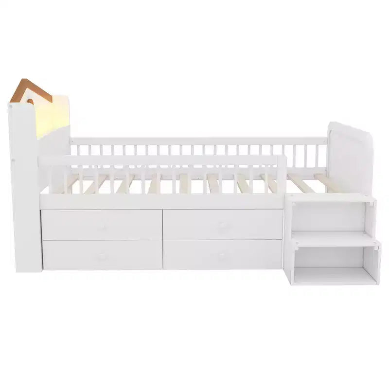 Letto a soppalco basso Whisen con luci a LED, testiera a forma di casetta e cassetti portaoggetti, struttura solida