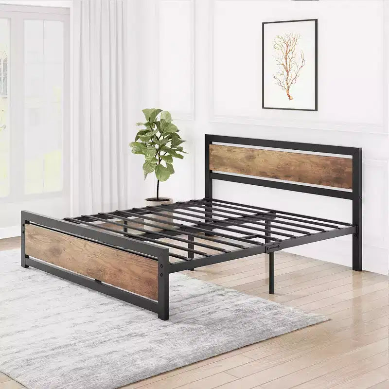 Struttura Letto Matrimoniale Robusta con Testiera e Pediera, Piattaforma in Metallo con Spazio Contenitivo di 35 cm, Senza Rumore e Assemblaggio Senza Attrezzi, Marrone Vintage