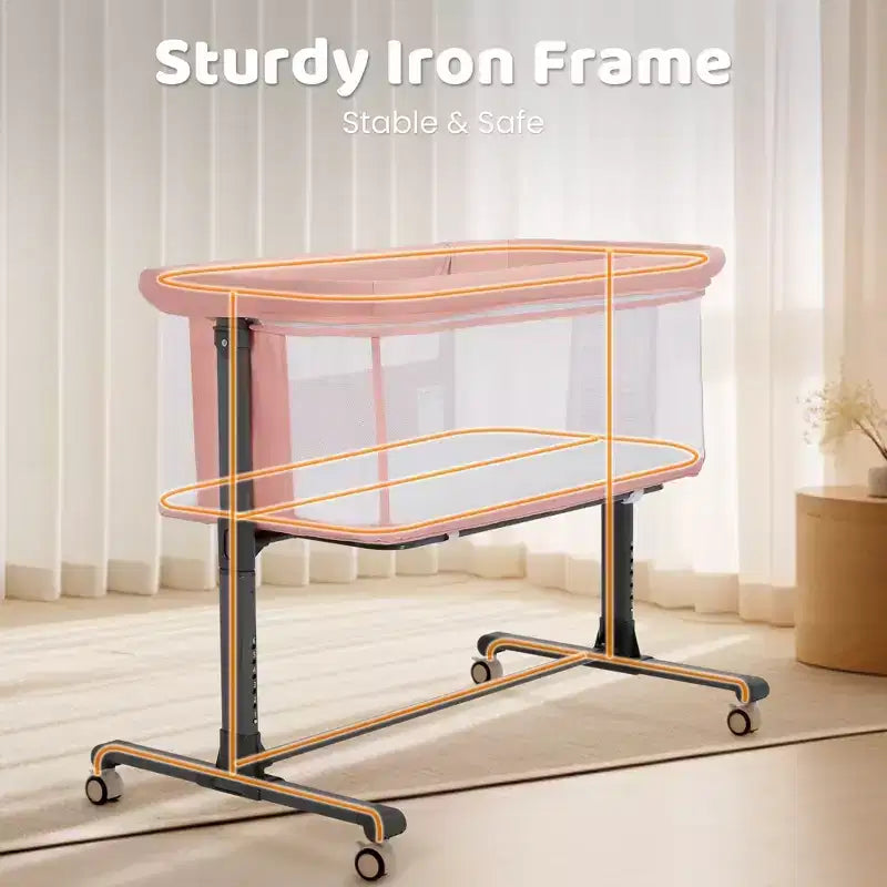 Culla Neonato con Ruote – Beige / Grigio / Rosa, Culla Fianco Letto, per 1 Neonato