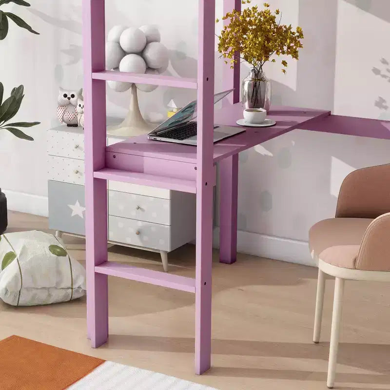 Letto a soppalco Okak Minimalism con scaletta, letto a soppalco singolo in legno di gomma con spondina di sicurezza e scrivania integrata, telai per letti per bambini, ragazzi
