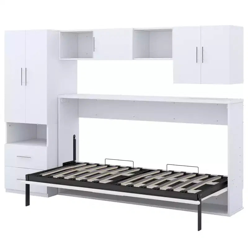 Letto a scomparsa matrimoniale, Struttura letto a parete in legno con armadio integrato, cassetti e ripiani aperti, bianco - ModernLuxe