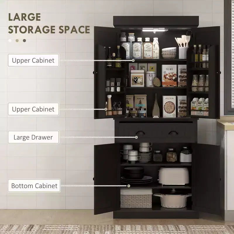Mobile credenza da cucina da 71" con luci a LED, 6 ante con ripiani, un cassetto e 4 ripiani regolabili