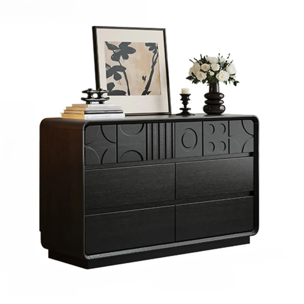 Cassettiera in legno ispirata all'Art Déco con intagli geometrici