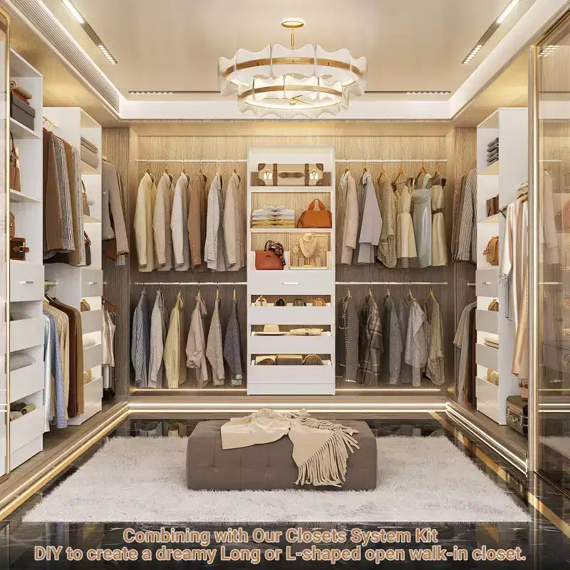 Besiost Sistema Organizer per Armadio in Legno 4-9 piedi con 4 Cassetti, 4 Aste Appendiabiti e Torri Scaffale