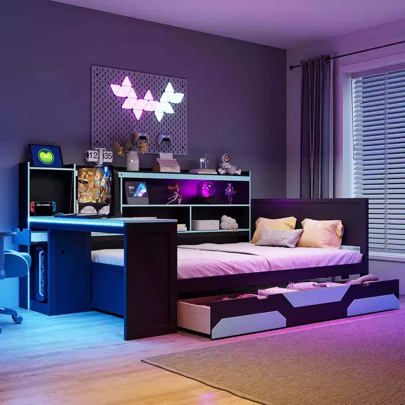 Daybed da gioco completo/queen size con testiera libreria, luci LED, scrivania integrata, cassetti e stazione di ricarica