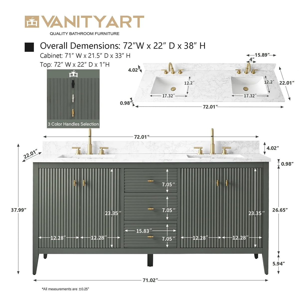 Mobile lavabo doppio Vanity Art 72 per bagno con piano in marmo composito