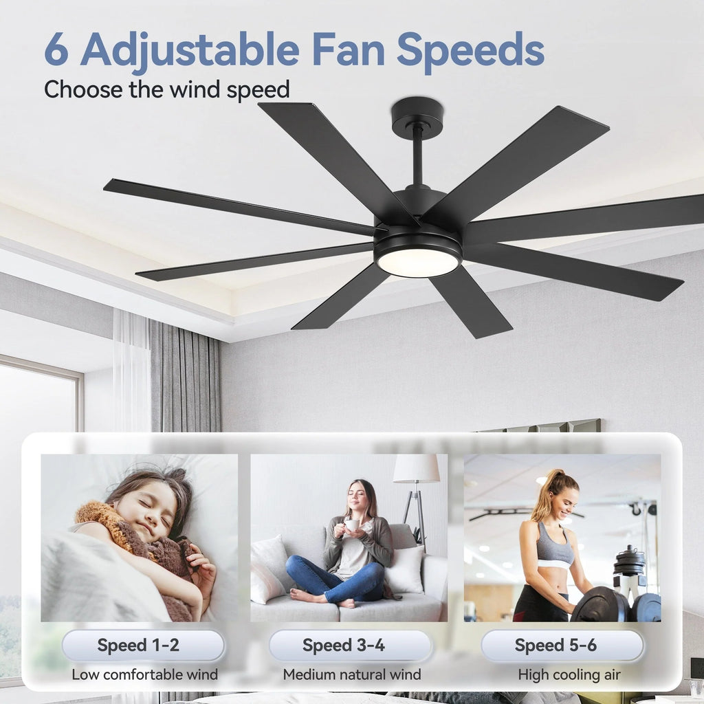 Ventilatore da soffitto nero da 65 pollici a 8 pale con luce LED e telecomando