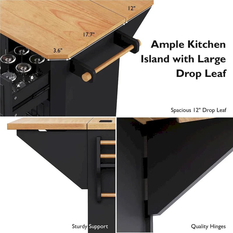 Isola Cucina Espandibile con Ante a Scomparsa, Carrello Cucina su 4 Ruote con Presa Elettrica, Tavolo Isola Mobile con 2 Ante e 6 Cassetti