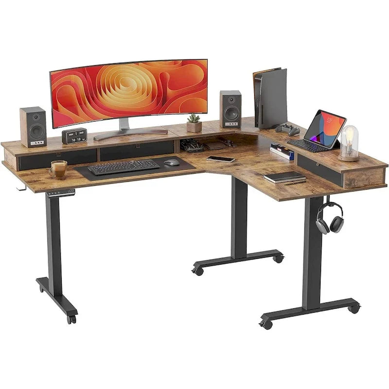 Scrivania elettrica angolare ad altezza regolabile con 3 cassetti e ruote bloccabili, 160 cm