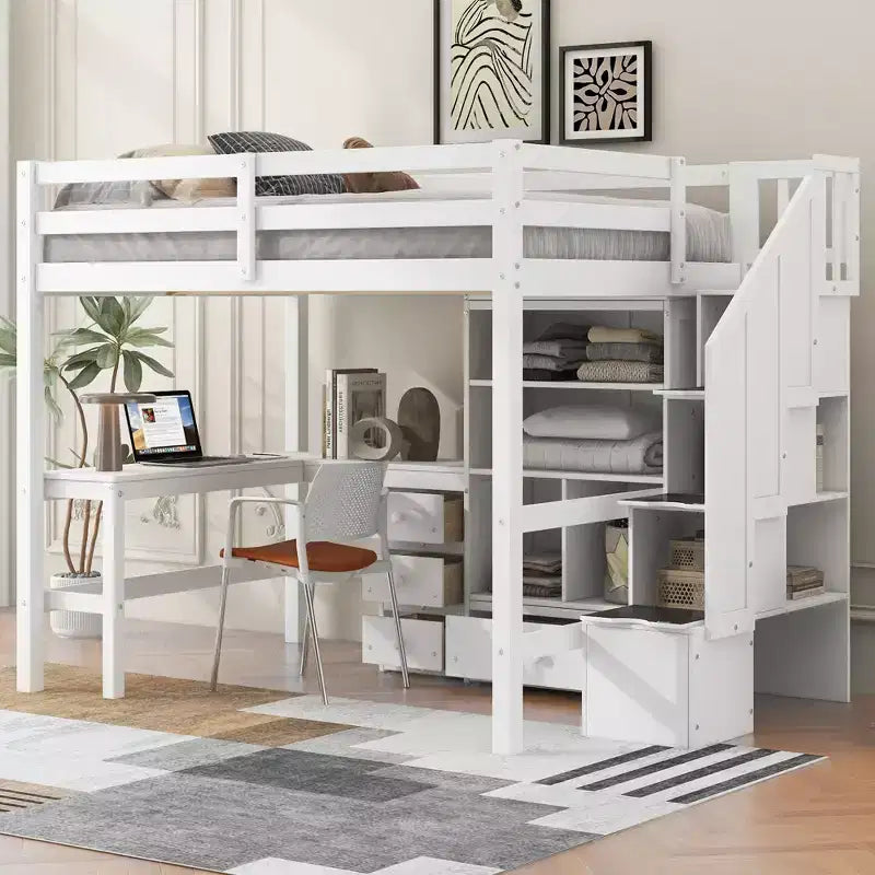 Letto a soppalco singolo con scrivania a L, 3 cassetti, armadio, contenitore per scale, struttura in pino massiccio/MDF