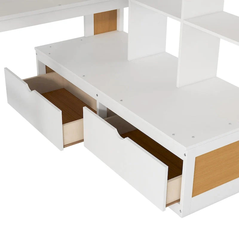 Letto a soppalco in legno massello naturale + bianco con scrivania e cassetti