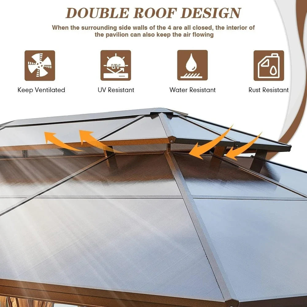 EROMMY Gazebo a tetto rigido, Pergola da esterno con doppio tetto, zanzariere e tende, Tenda da sole resistente per patio, cortile, feste in piscina