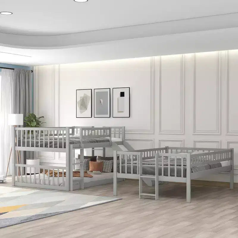 Letto a Castello Triplo Full Over Full con Scaletta Convertibile e Scivolo, Letto Triplo con Sponde di Protezione, Bianco/Grigio/Espresso - ModernLuxe