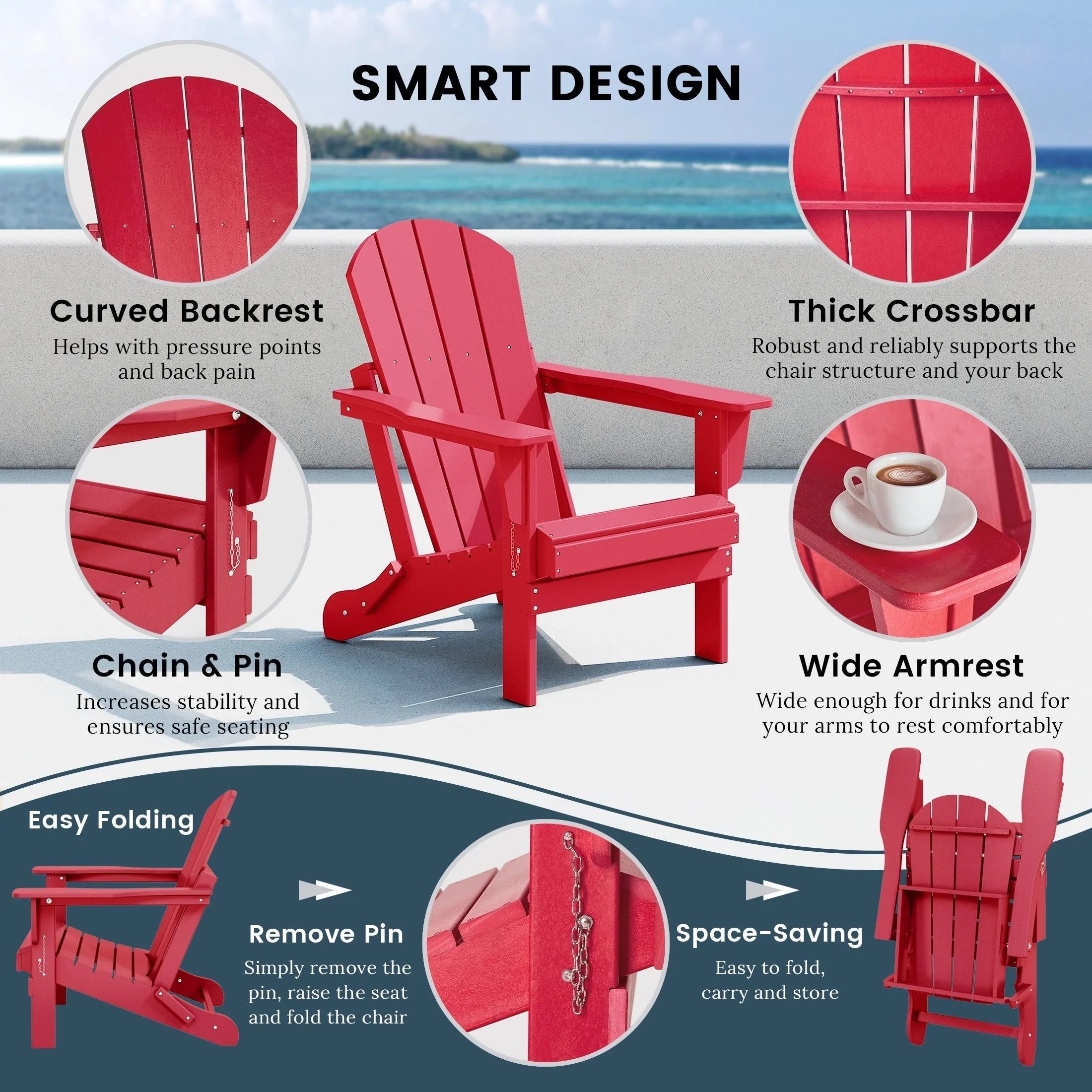 Polytrends Laguna Sedia Adirondack Pieghevole da Esterno per Patio Resistente allo Sbiadimento e alle Intemperie