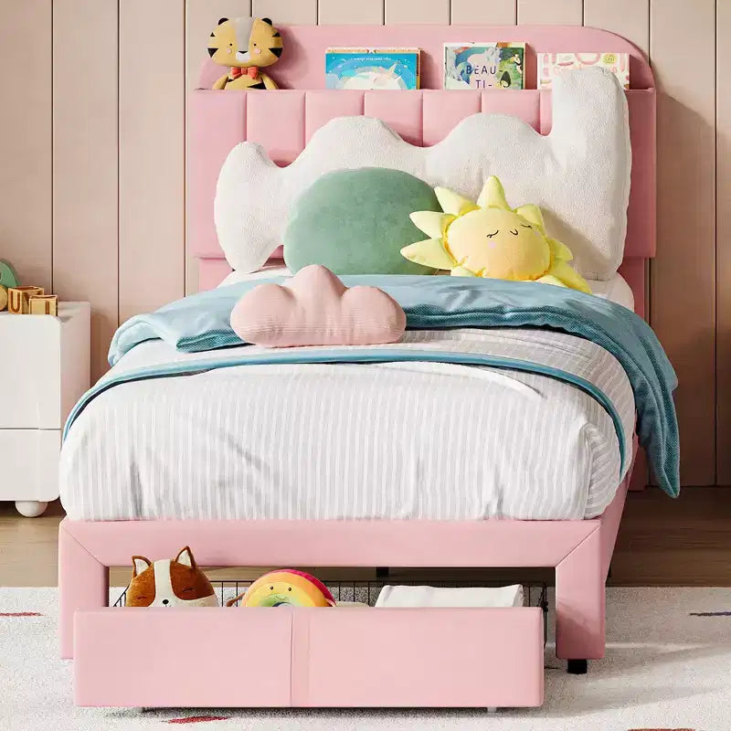 Struttura Letto Singolo (2 pz) con Cassetti Contenitori e Testiera, Rivestito in Velluto, Basso Profilo, Silenzioso, Facile da Montare, Rosa