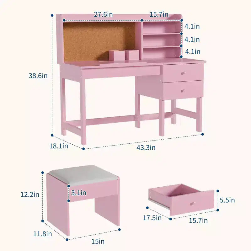 Set scrivania e sedia per bambini, tavolo da studio in legno con piano inclinabile regolabile, cassetti e bacheca in sughero - Set scrivania per lo studio dei bambini