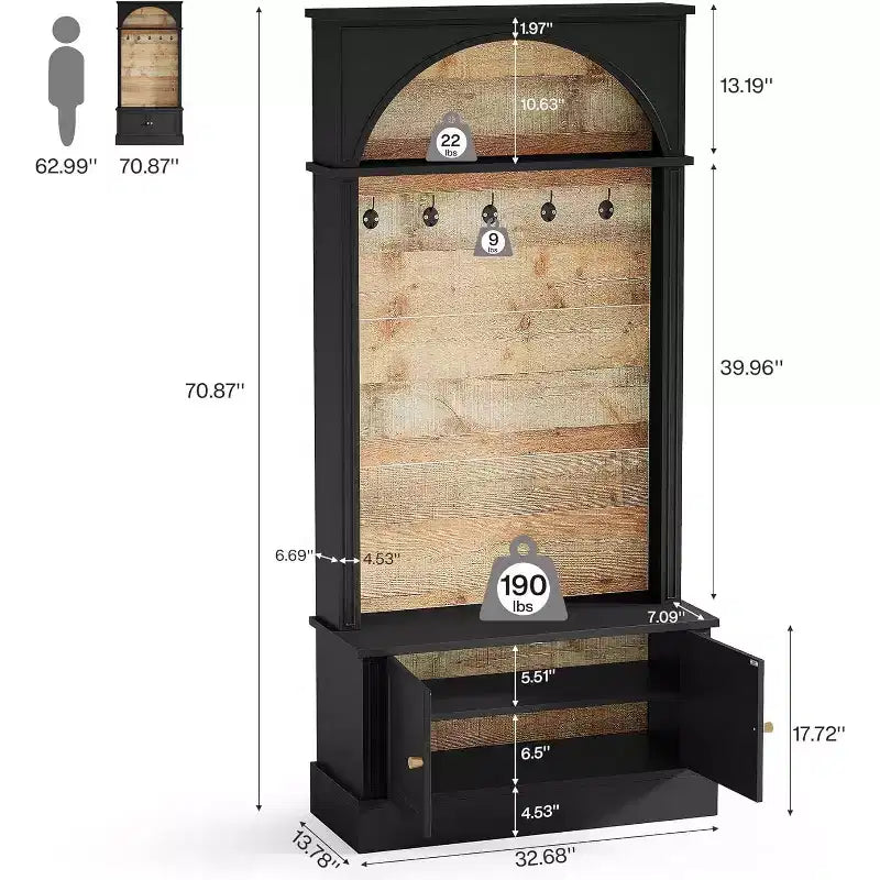 Lantine 70.86 Appendiabiti con Panca, Mobile Ingresso 4 in 1: Attaccapanni, Scarpiera, Panchina per Ingresso, Guardaroba