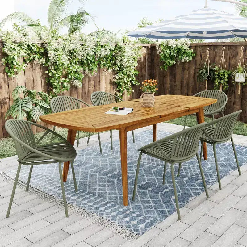 Set da pranzo da esterno allungabile da 7 pezzi con sedie impilabili, tavolo in legno di acacia