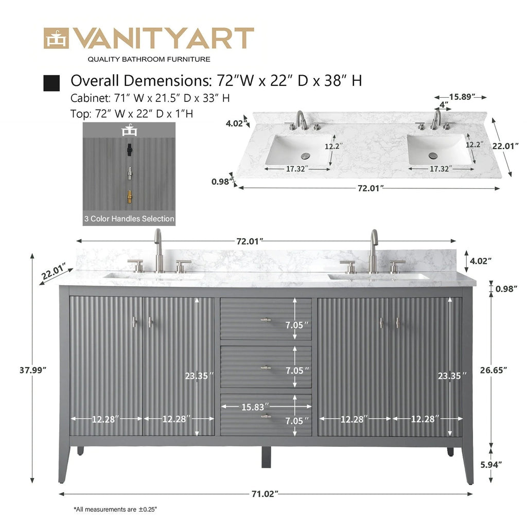 Mobile lavabo doppio Vanity Art 72 per bagno con piano in marmo composito