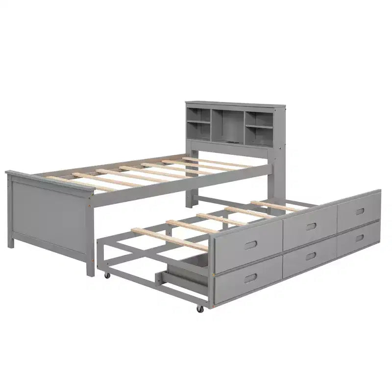 Letto a piattaforma con letto estraibile e cassetti, Letto a piattaforma contenitore con USB, Letto a piattaforma in legno con libreria