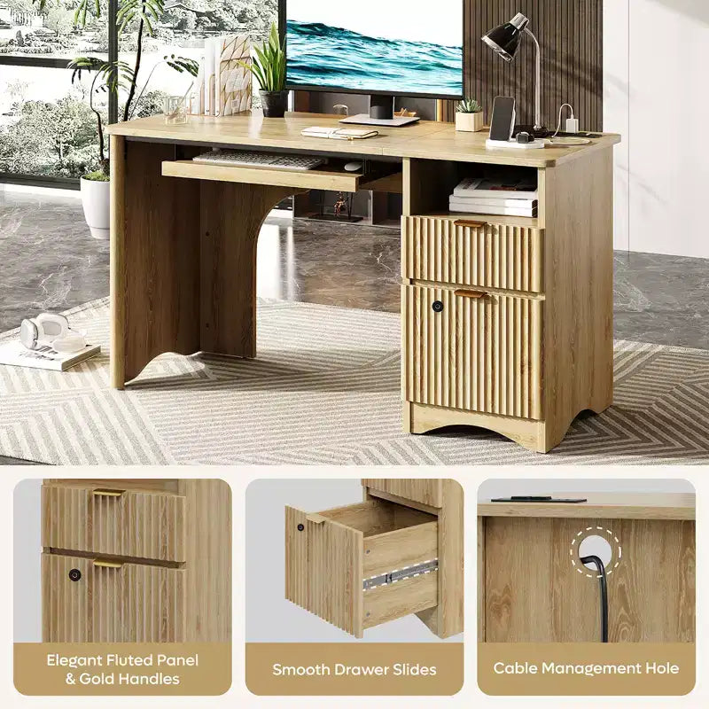 Scrivania Smart Bestier 55 per computer, scrivania da scrittura in rovere con cassetti portadocumenti e presa di corrente, scrivania direzionale con vani a giorno e vassoio per tastiera