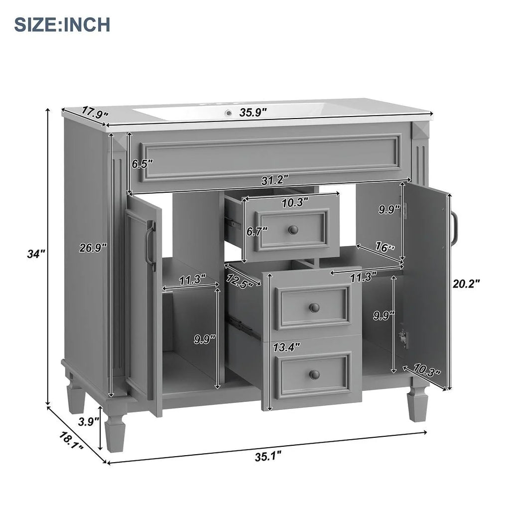 Mobile Bagno Moderno da 90cm con Lavabo Integrato e Specchiera, 2 Ante e 2 Cassetti