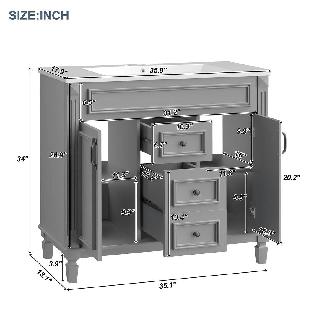 Mobile Bagno Moderno da 90cm con Lavabo Integrato e Specchiera, 2 Ante e 2 Cassetti