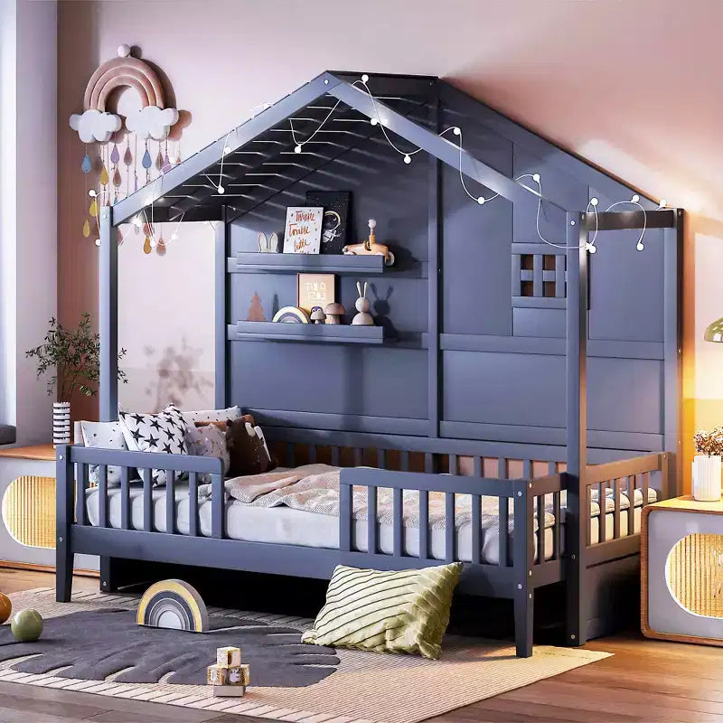 Letto a capanna per bambini con scaffali e sponde, Struttura letto in legno stile Montessori per bambini con finestra e striscia luminosa scintillante